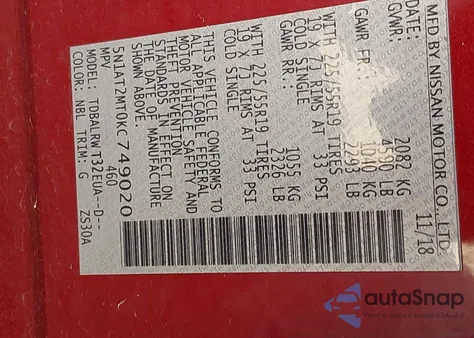 2019 Nissan Rogue Sl from USA, damaged, VIN 5N1AT2MT0KC749020